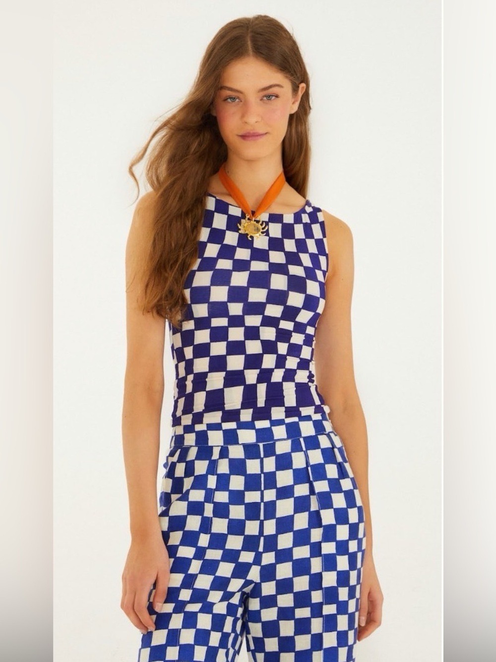 Farm Rio Dream Checkered Blue Sleeveless Blouse